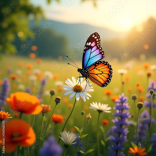 Multicolored butterfly on flowers