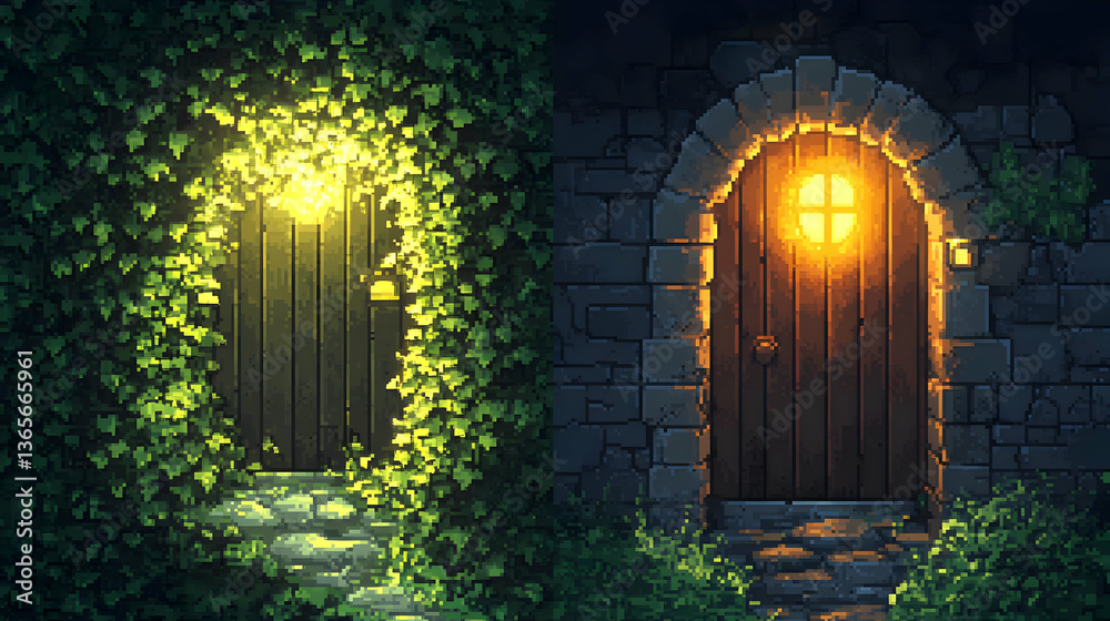 Fototapeta premium Illuminated Stone Archways with Wooden Doors amid Foliage Pixel Art Illustration Warm Lights and Stone Texture
