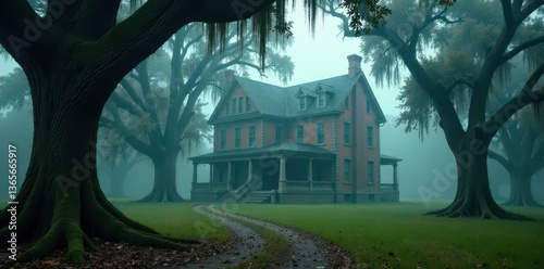 Ghostly oaks, Spanish moss, antebellum mansion, shrouded in mist, new orleans, detail