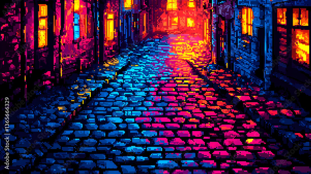 Fototapeta premium Night City Alleyway with Cobblestone Street and Vibrant Neon Lights Illuminating Buildings and Road