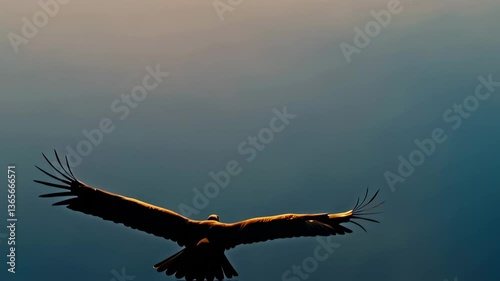 An eagle gracefully glides through the sky, its wings spread wide, as the sun rises in the background, casting a beautiful golden light over the clouds and horizon