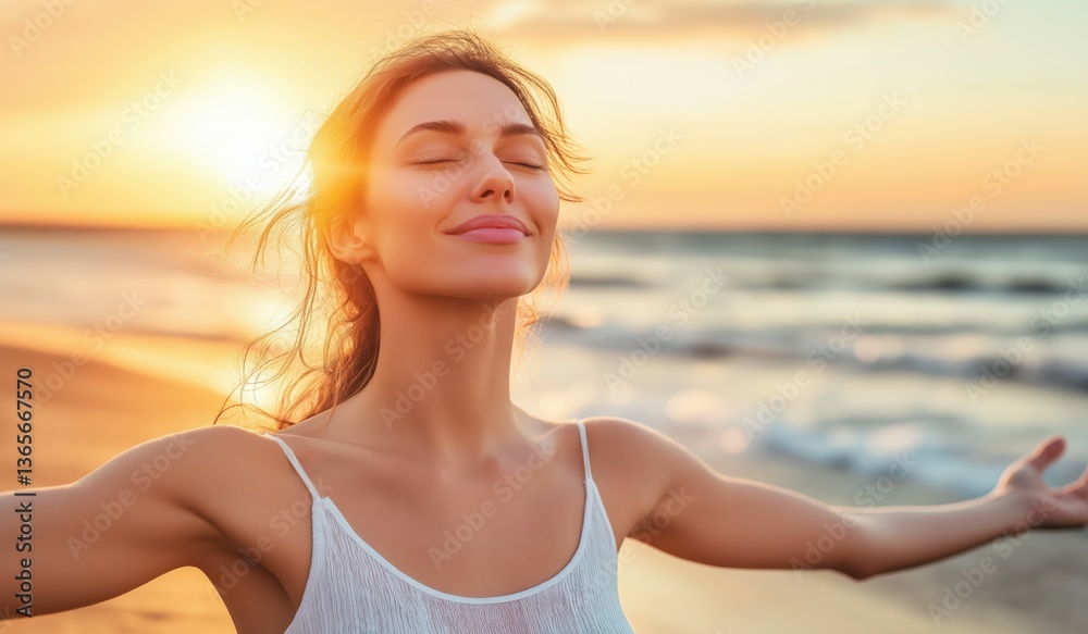 Carefree woman with open arms enjoying sunset at the beach, peaceful moment of freedom and happiness Carefree woman with open arms enjoying sunset at the beach, peaceful moment of freedom and happiness