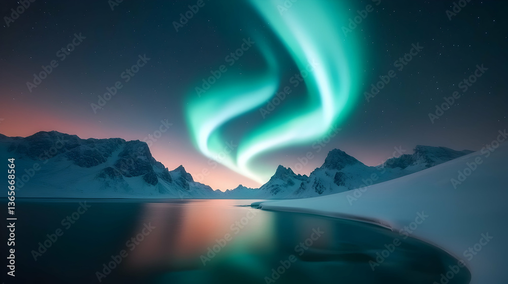 Naklejka premium Aurora Borealis Dancing Over Snowy Mountains at Night