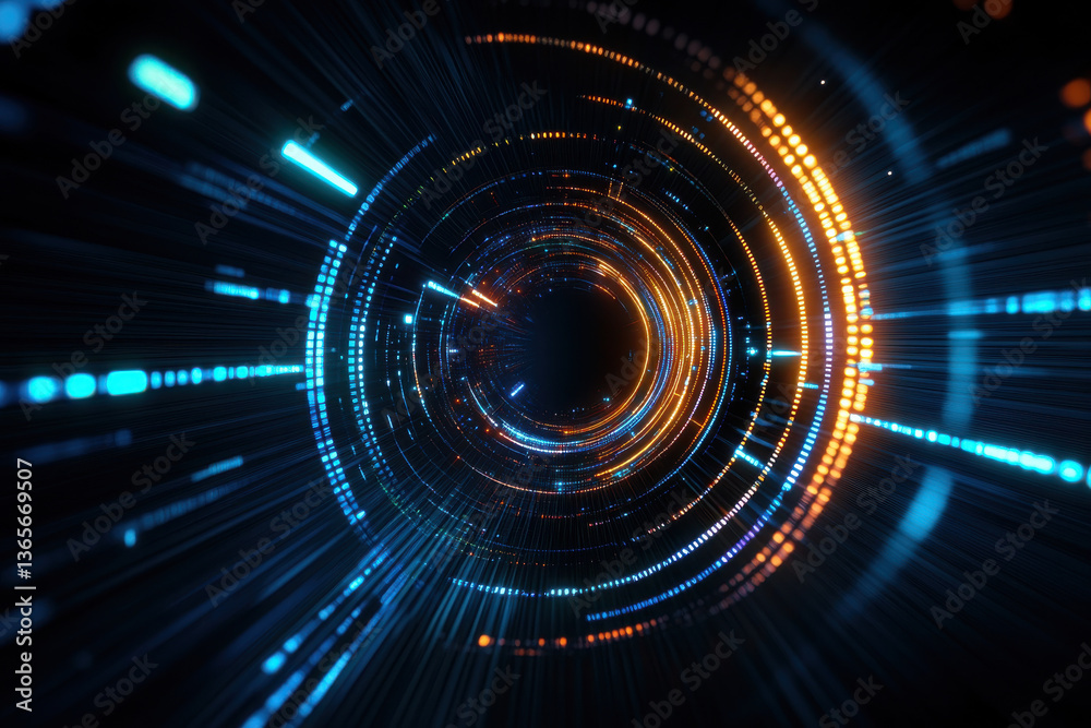 Obraz premium Vibrant abstract background featuring dynamic light trails in blue and orange hues creating sense of depth and motion