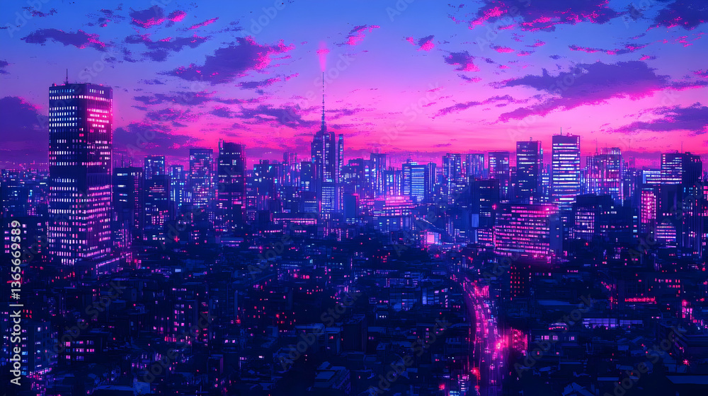 Obraz premium Pixelated Night Cityscape with Vivid Purple and Blue Hue Dominated Skyline Architecture and Building Exterior in an Urban Environment