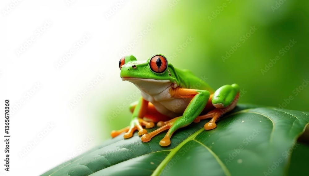 Naklejka premium Green tree frog perched on white, vibrant color , detail, macro photography