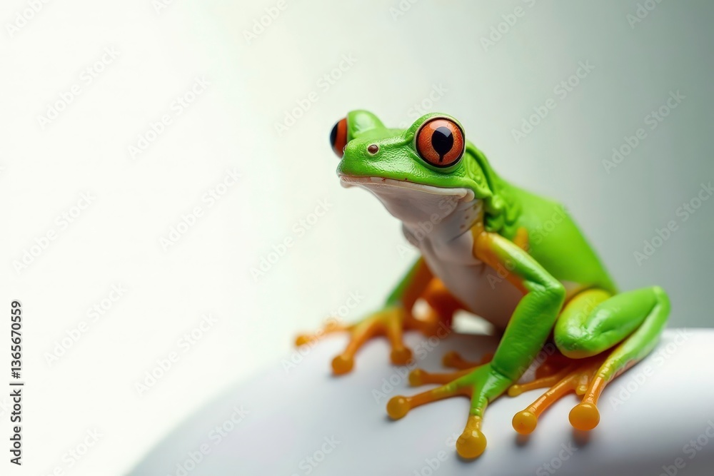Naklejka premium Green tree frog perched on white, vibrant skin, exotic, bright, herpetology
