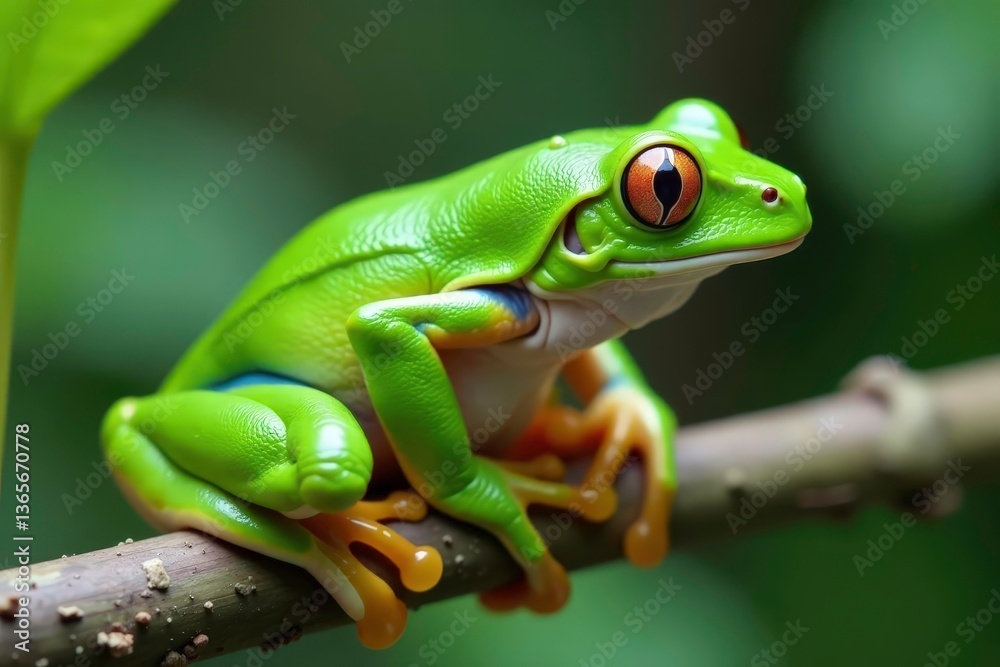 Naklejka premium Green tree frog perched on white, vibrant skin, tree frog, reptile