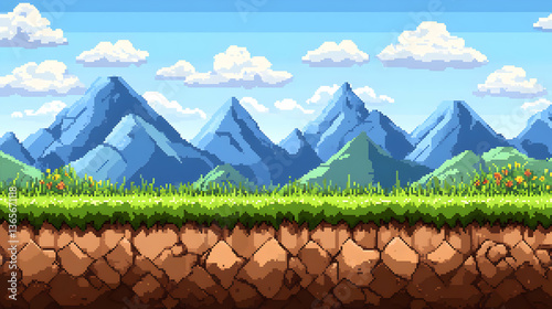 Vibrant Pixel Art Landscape with Rolling Green Hills and Majestic Blue Mountains Under a Bright Cloudy Sky