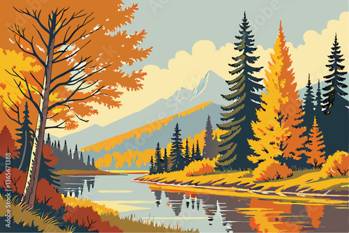 22 Vibrant autumn landscape, tranquil lake reflection, golden and orange foliage, crisp blue sky, evergreen trees, serene forest scene, mirror-like water surface, fall colors, peaceful nature, panoram