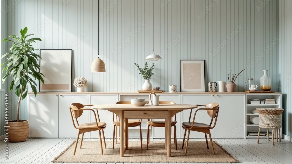 Modern scandinavian dining room with wooden furniture and green decor Modern scandinavian dining room with wooden furniture and green decor