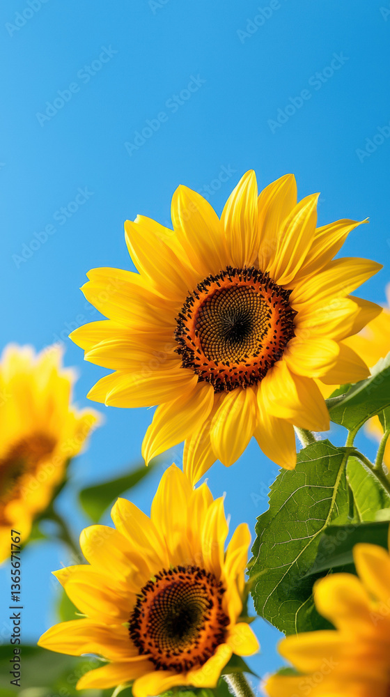 Fototapeta premium Bright yellow sunflowers bloom under clear blue sky, radiating warmth and joy in vibrant summer scene