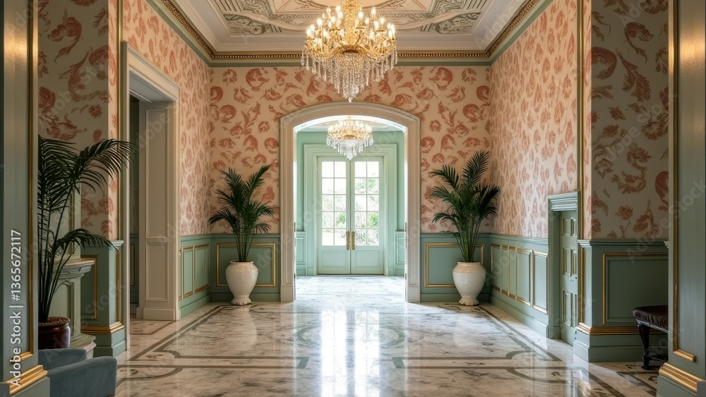 Fototapeta premium Elegant hallway with vintage wallpaper, marble floors, and chandeliers