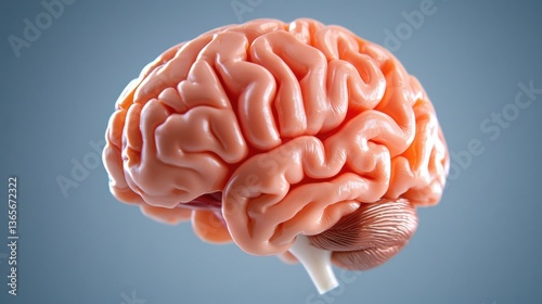 Anatomical Brain Model Detailed Pink and Orange Human Brain Against Blue Background