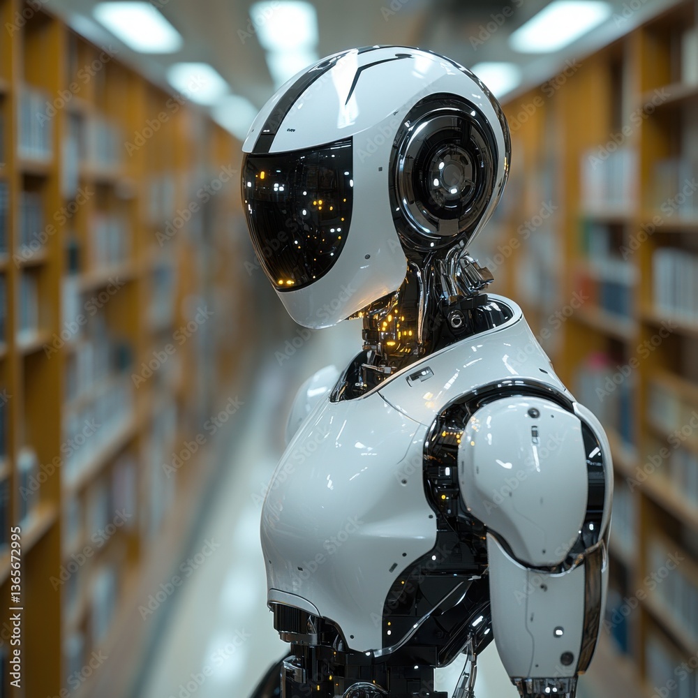 Fototapeta premium Humanoid Robot In Library Aisle