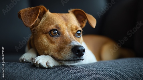 Cute dog resting on a couch, looking curious.