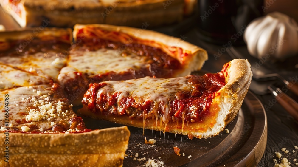 Naklejka premium Classic Chicago Deep-Dish Pizza: Layered Cheese Pulls and Tomato Sauce in Cast Iron Pan with Crispy Crust