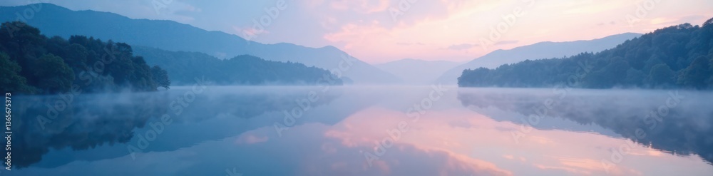 Fototapeta premium Soft blue mist envelops a serene lake at dawn, calm, water
