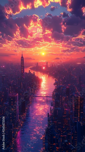 Wallpaper Mural Cyberpunk cityscape glowing under fiery sunset sky high resolution Wallpaper Torontodigital.ca