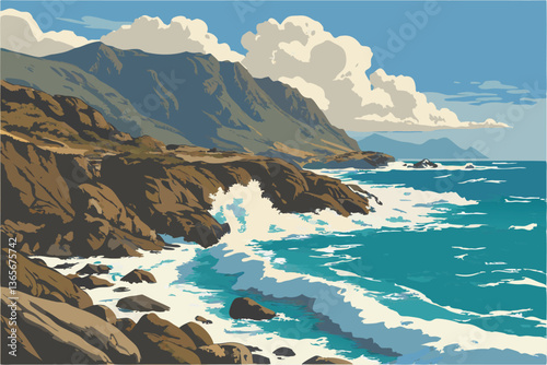23 Dramatic rocky coastline, crashing turquoise waves, rugged cliffs, deep blue ocean, white sea spray, clear blue sky, fluffy clouds, sunlit rocky shore, coastal landscape, vibrant colors, high contr