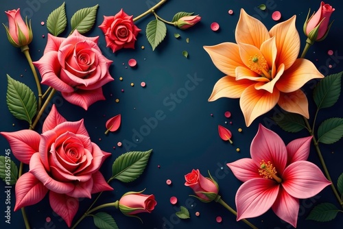 Intricate blooming roses & lilies in rich hues, pattern, fabric, needlework