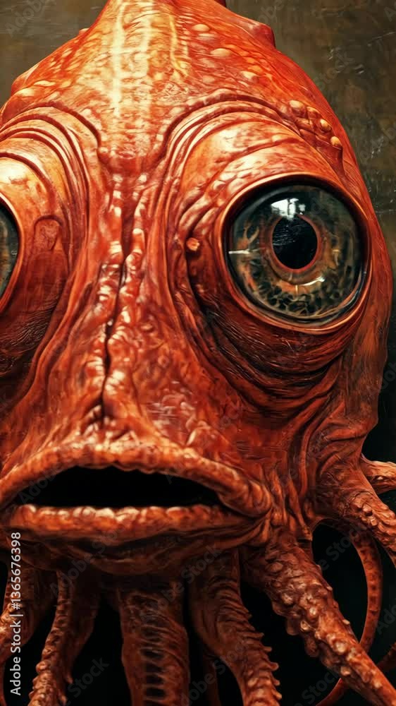 Red creature with large eyes and textured skin looking directly at the viewer in a dark setting Red creature with large eyes and textured skin looking directly at the viewer in a dark setting