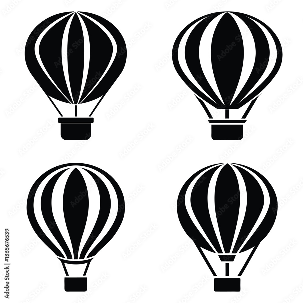 Fototapeta premium Soaring High: A collection of stylized hot air balloons against a clear backdrop, symbolizing adventure, freedom, and exploration. The black and white aesthetic adds a touch of classic elegance.