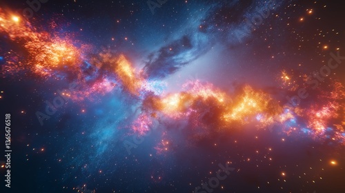 Celestial Fireworks: A cosmic dance of vibrant orange and blue nebulae swirling across the vast darkness of space, speckled with glittering stardust.