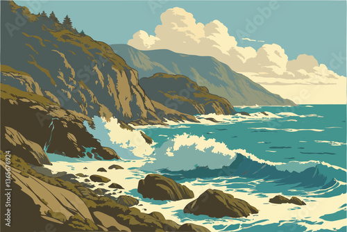 23 Dramatic rocky coastline, crashing turquoise waves, rugged cliffs, deep blue ocean, white sea spray, clear blue sky, fluffy clouds, sunlit rocky shore, coastal landscape, vibrant colors, high contr