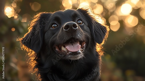 Happy black dog in golden sunset light