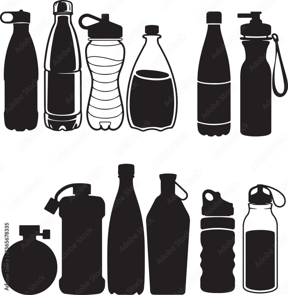 set of vector VARIOUS WATER BOTTLE silhouette set of vector VARIOUS WATER BOTTLE silhouette