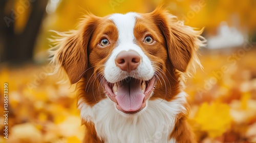 Happy dog in autumn leaves smiling brightly.