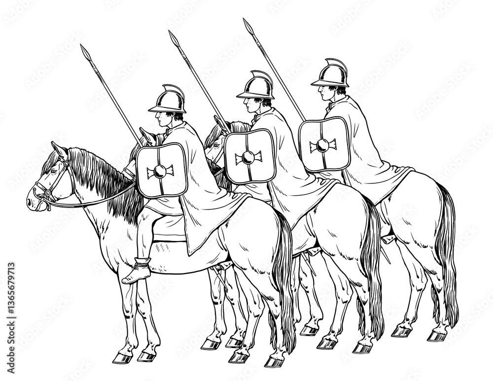 Fototapeta premium The Ptolemaic cavalry. Ancient Greek horseman. Historical drawing.