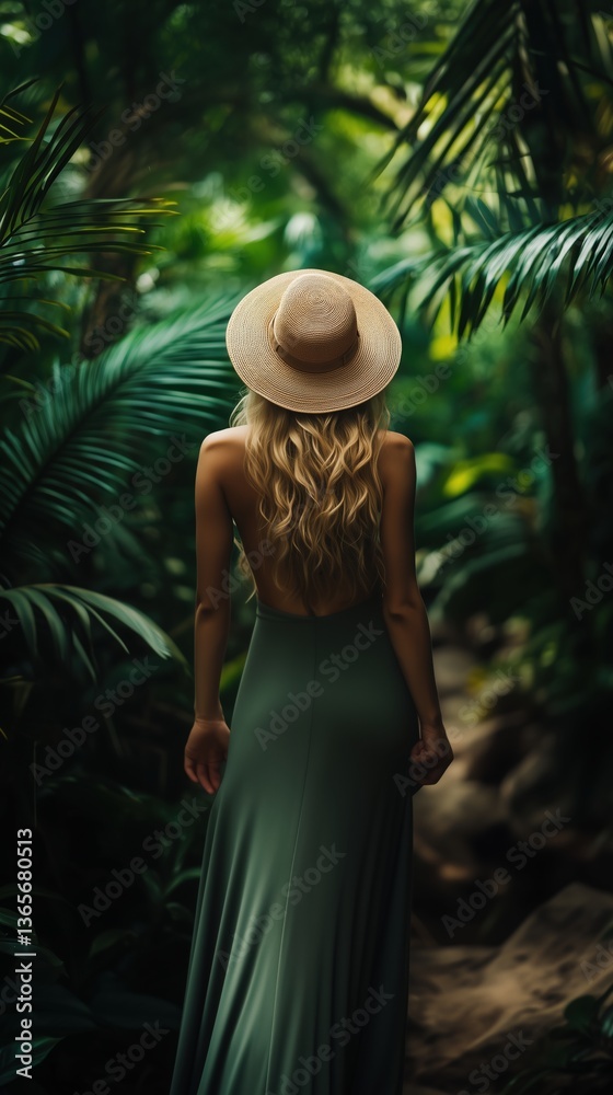Fototapeta premium Exploring the lush jungle path while dressed for an adventurous journey among the vibrant greenery and tropical foliage