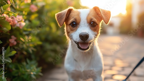 Happy dog on a sunny pathway, evening glow