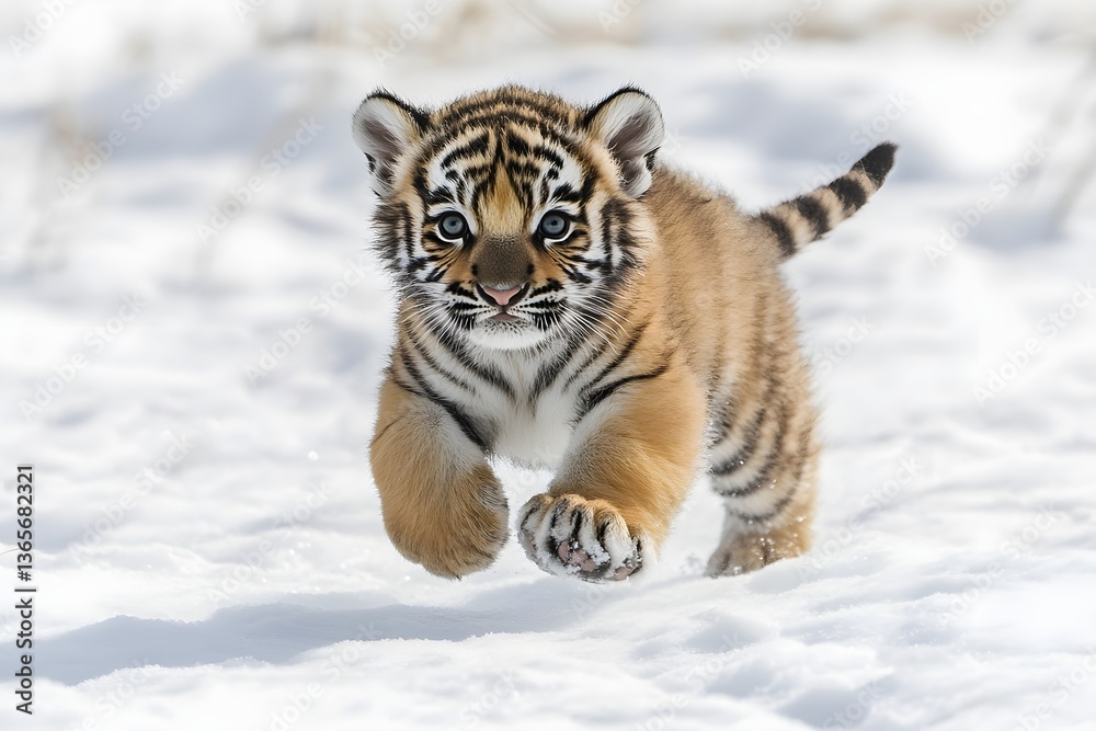 Obraz premium A cute little tiger cub running in the snow