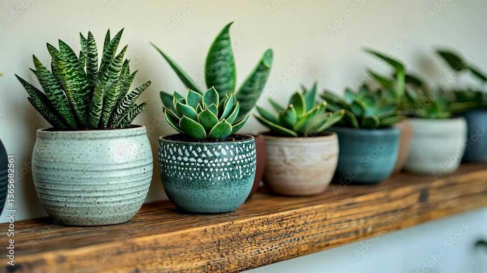 A row of handcrafted clay planters styled on a rustic wooden shelf. background A row of handcrafted clay planters styled on a rustic wooden shelf. background