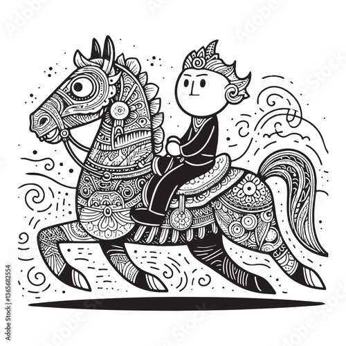 Hand-drawn illustration of a knight riding a decorated horse with intricate patterns in a fantasy setting.