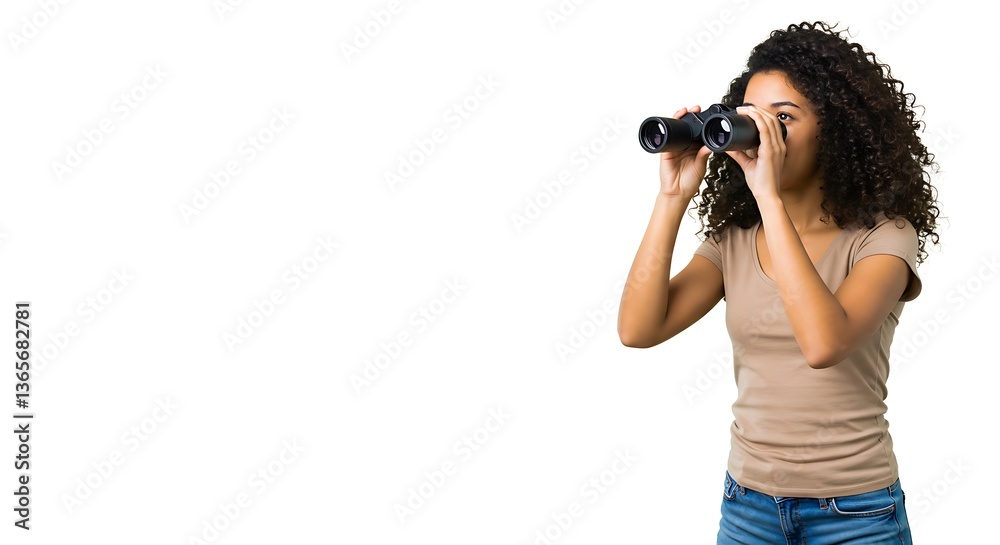Woman with binoculars looking into the distanceisolated on white background Woman with binoculars looking into the distanceisolated on white background