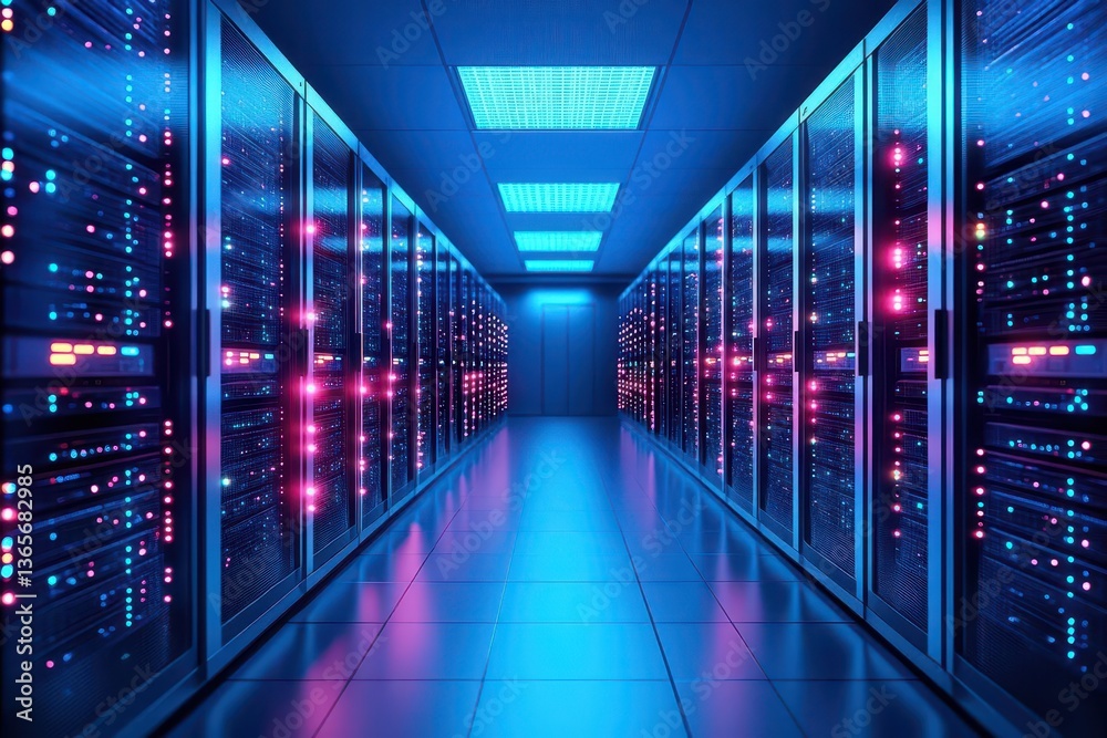 Obraz premium Expansive Data Center Hallway Featuring Rows of Servers with Soft Ambient Lighting Creating a High-Tech Atmosphere of Innovation and Modernity