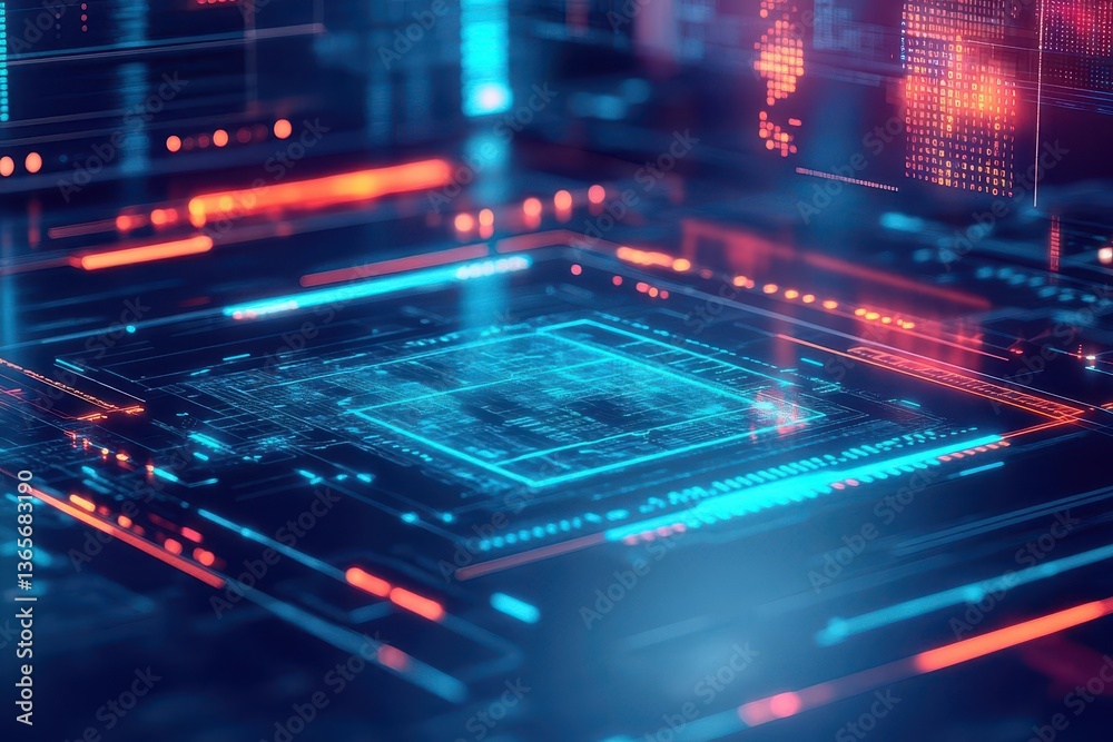 Intricate Computer Chip Design Against a Vivid Blue and Red Background Highlighting Modern Technology and Innovation in Digital Electronics Environment Intricate Computer Chip Design Against a Vivid Blue and Red Background Highlighting Modern Technology and Innovation in Digital Electronics Environment