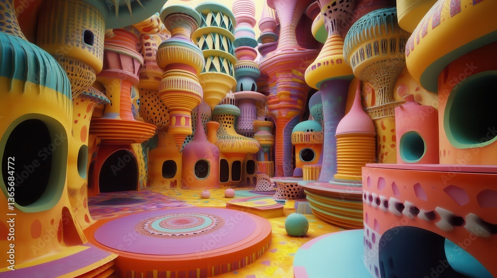 Fototapeta premium A psychedelic explosion of 3D fractal shapes, twisting and morphing into impossible, vibrant architectures