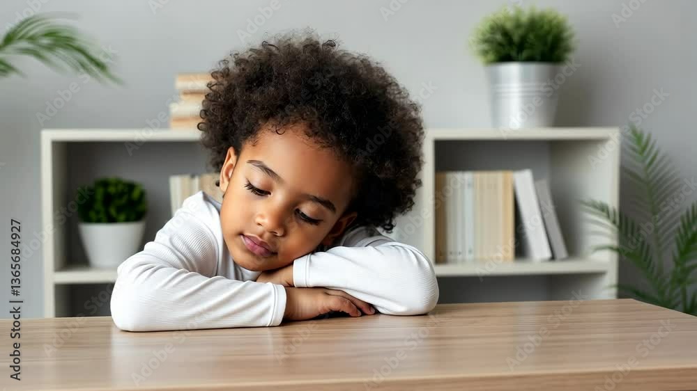 Child resting peacefully at a wooden table in a cozy indoor setting surrounded by plants and bookshelves