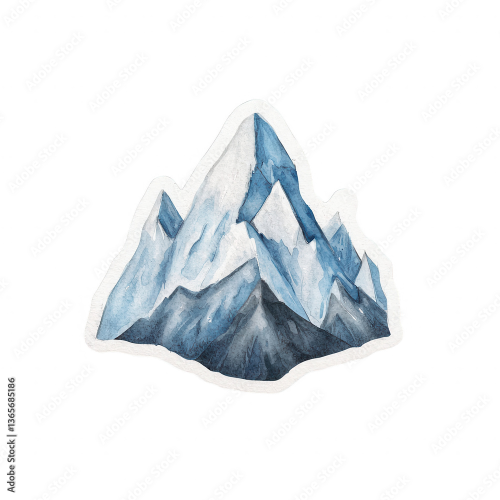 Obraz premium A beautiful watercolor representation of a mountain peak, featuring various shades of blue and gray, set against a white background. Ideal for nature-themed designs.
