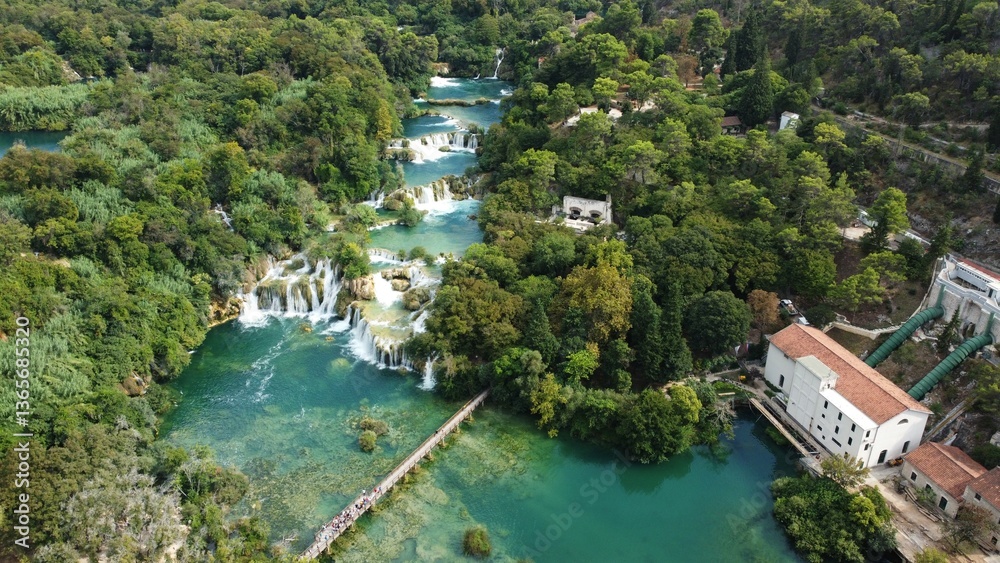 Fototapeta premium Amazing waterfalls, bridge and lake in Krka National Park in Croatia