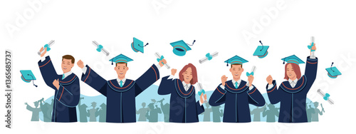 Graduation, happy student character in graduation gown and cap for celebration. Flat vector illustrations.