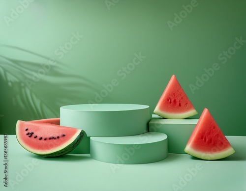  Minimal concept with ripe watermelon slices or pieces. Pale green empty podiums displayed on pale green background. Summer background. Generated image