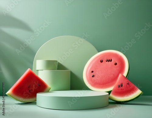  Minimal concept with ripe watermelon slices or pieces. Pale green empty podiums displayed on pale green background. Summer background. Generated image