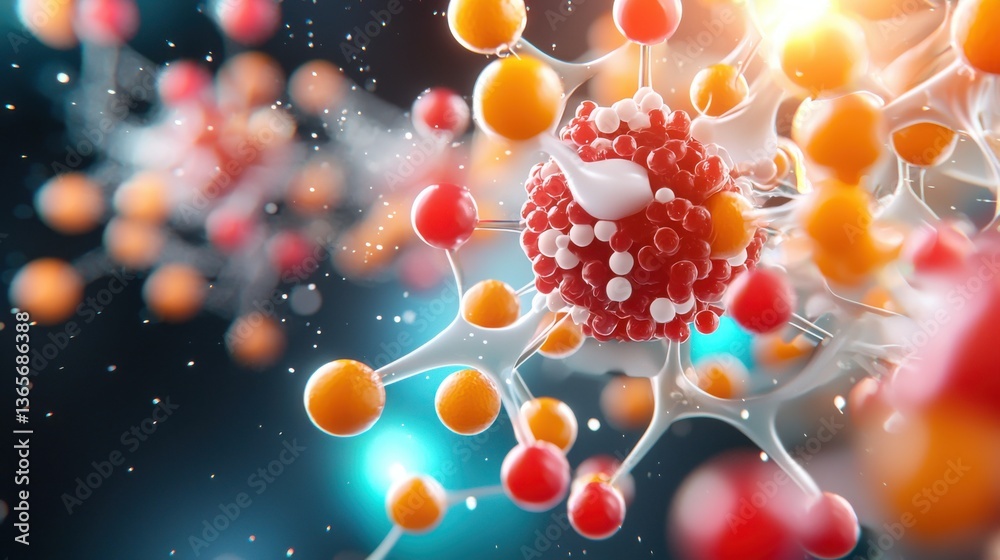 Abstract Microscopic Cell Structure With Red, Orange, and White Molecules