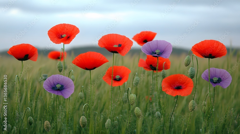 Fototapeta premium Vibrant Red and Purple Poppies in a Field